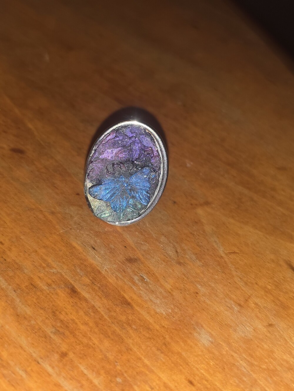 Resin Butterfly Ring On Adjustable Silver Tone Ring